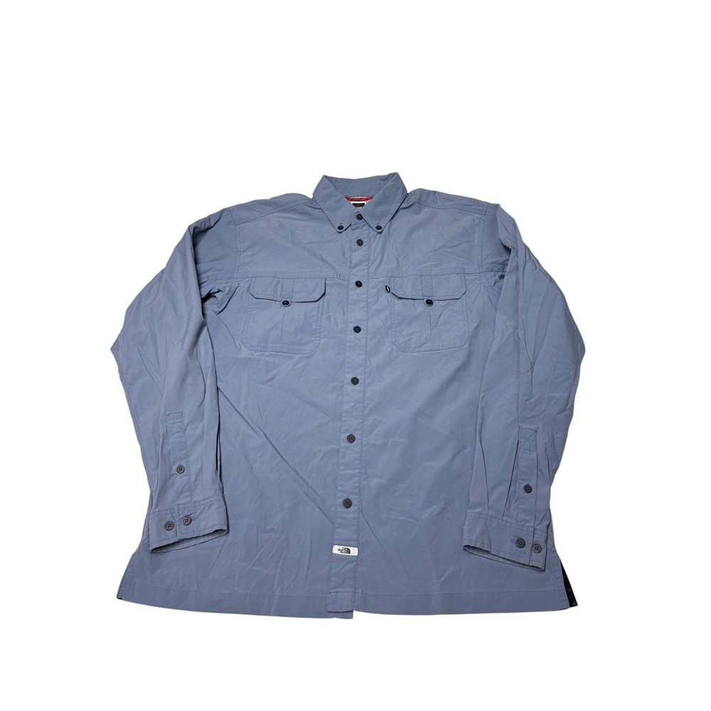 The North Face Mens Large Blue Grey Nylon Long Sleeve Button Down Hiking Shirt